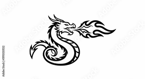 Stylized black dragon exhaling flames against a white background
