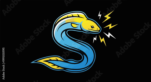 A stylized blue eel with a yellow head, curving in an 'S' shape