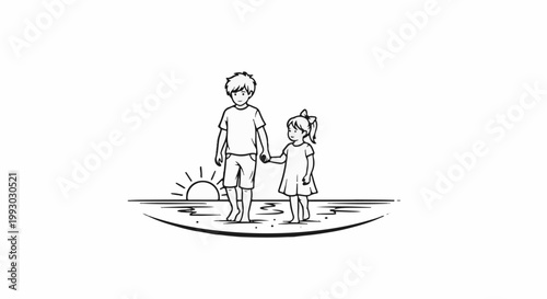 Siblings holding hands walk on beach at sunset