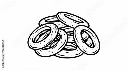 Black and white illustration of a pile of ring-shaped baked goods