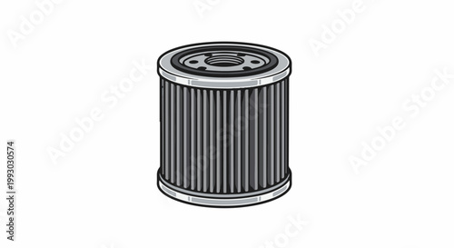 A stylized illustration of a cylindrical oil filter with ribbed sides and a silver top