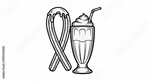 A stylized illustration of two churros dipped in glaze beside a milkshake