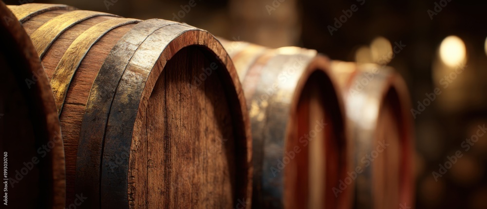 Naklejka premium The Oak Wine Barrels Lined in a Warm Rustic Cellar with Soft Bokeh
