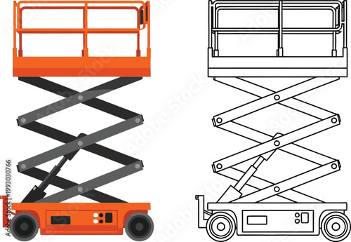 Orange scissor lift and outline version construction equipment for elevated work isolated on white background