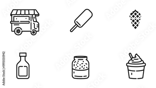 Sweet Treats and Food Icons: A collection of simple, black-line illustrations featuring assorted food items. From a charming food cart to refreshing treats.