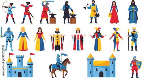 Obraz na płótnie Medieval Characters and Castle Illustration Set Featuring Knights, Kings, Queens, Warriors, Royal Figures, and Historic Elements for Fantasy and Historical Design Projects