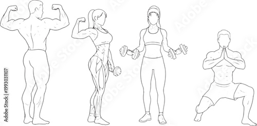 Line art illustrations of diverse people engaged in fitness activities, including strength training, muscle flexing, and bodyweight exercises, embodying physical health and wellness