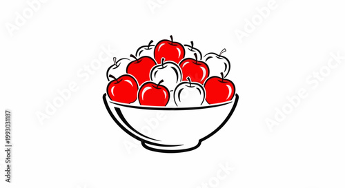 A white bowl overflowing with a mix of red and white stylized apples