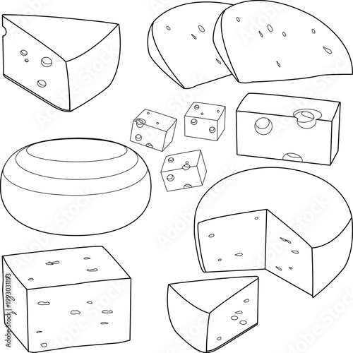Various types of cheese sliced in pieces. Set of dairy products, Edam, parmesan, mozzarella, feta cheese. Vector black and white coloring page