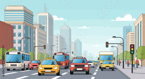 Busy City Street with Traffic and Skyscrapers, Urban Transportation Scene