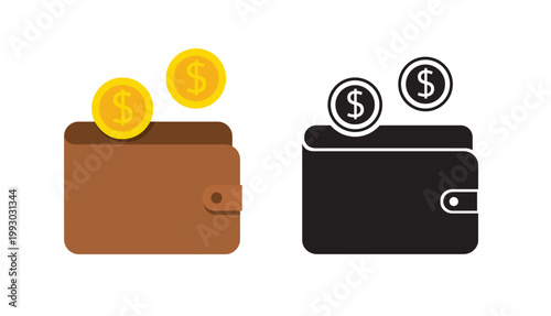 Wallet with gold coins icon for financial and savings concept