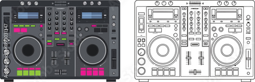DJ controller with two decks and mixer flat vector illustration for music production and entertainment isolated on white