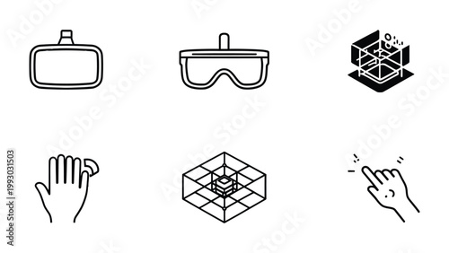 VR and Augmented Reality Icons: A collection of meticulously crafted line icons representing immersive experiences. Designed to embody digital innovation and cutting-edge technology.