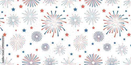 Red white and blue fireworks and stars seamless pattern vector illustration for American Independence Day patriotic celebration and holiday background