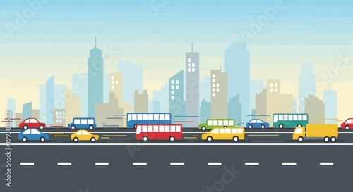 Busy City Traffic Highway with Cars and Buses, Urban Skyline Background