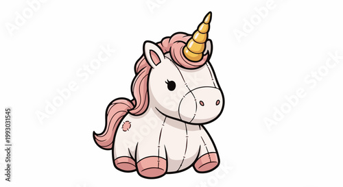 Adorable cartoon unicorn plush toy with pink mane and golden horn