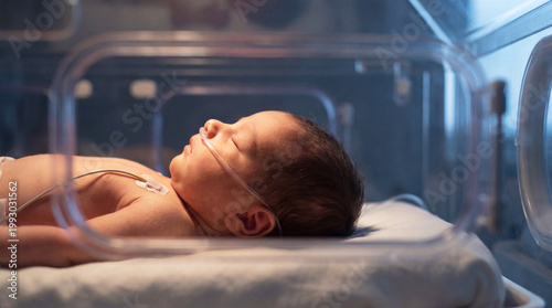 Foto Newborn baby in neonatal incubator with monitoring equipment in hospital care un