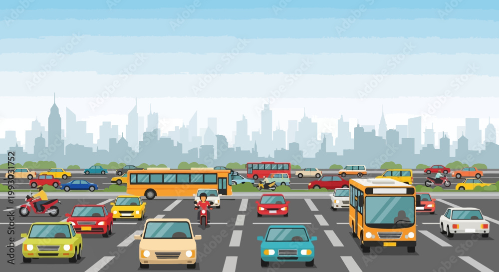 Obraz premium Busy City Traffic Jam with Cars, Buses, and Motorbikes on Highway
