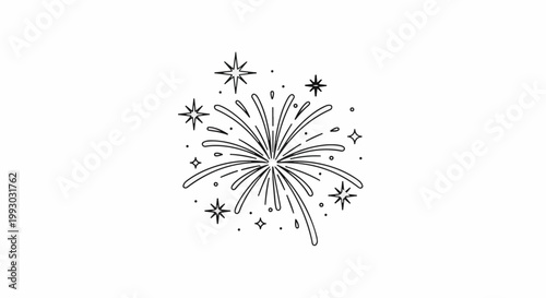 A stylized black outline drawing of a bursting firework with scattered stars