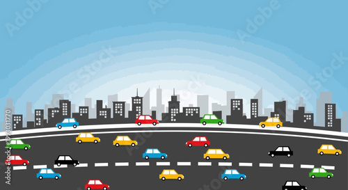 Busy City Traffic Jam with Colorful Cars and Skyline
