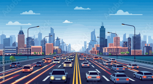 Busy highway traffic jam in a modern city with skyscrapers under a blue sky