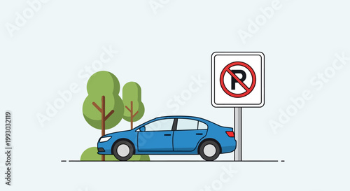 Blue car parked near a no parking sign with trees in the background