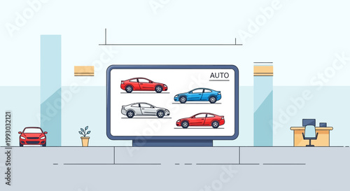 Automotive Dealership Showroom Displaying Cars on Digital Screen