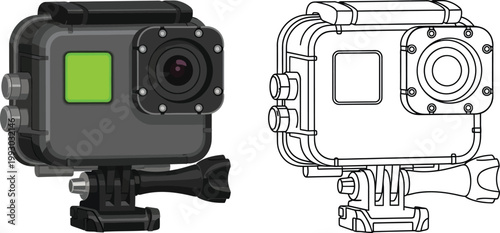 Action camera in waterproof housing with mount vector illustration for adventure sports and travel content