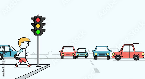 Boy crossing street at traffic light, cars waiting, safe pedestrian concept