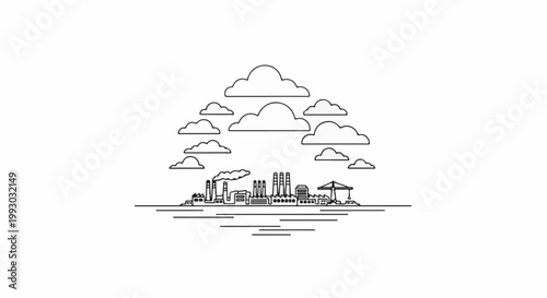 Minimalist outline of a factory complex with smoke plumes and clouds