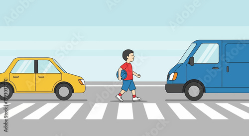 Boy with ball crossing street at zebra crossing between yellow car and blue van