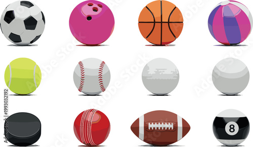 Realistic 3D Sports Ball Collection Set with Soccer, Basketball, Tennis, Baseball, Football, and Billiard for Athletic and Game Designs