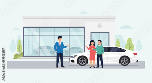 Car Dealership: Salesman Showing New Car to Couple Outside Showroom