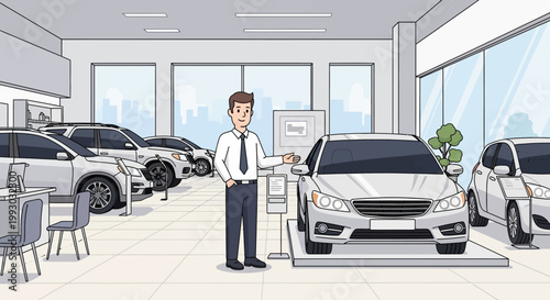 Car Dealership Salesman Showing New Vehicle to Customer in Showroom