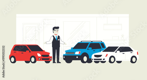 Car Dealership Salesman Showing Variety of New Cars: Red, Blue, White SUVs and Sedan