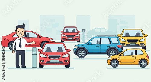 Car Dealership Salesman Showing Variety of Modern Vehicles in Parking Lot