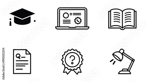 Education Elements Icon Set: A collection of educational icons in a simple, graphic style, perfect for illustrating learning and academic themes.