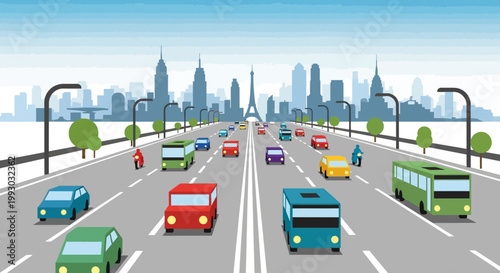 Busy City Highway with Cars and Buses, Skyline View