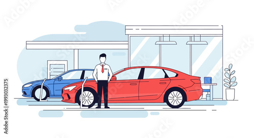 Car Dealership Salesman Standing Proudly Beside New Cars