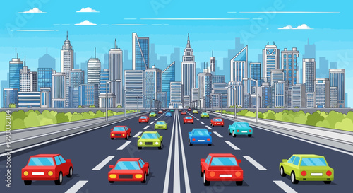 Busy city highway with colorful cars and modern skyscrapers skyline, urban commute illustration