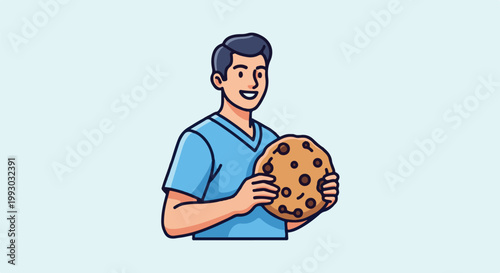 Cheerful man in blue shirt holds large chocolate chip cookie