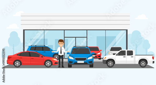 Car Dealership Salesman Standing with Various Vehicles Outside Showroom