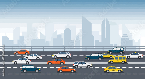 Busy city highway with traffic jam and cityscape silhouette background