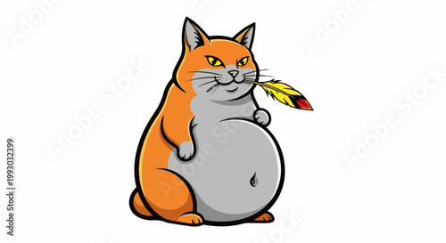 Chubby cartoon cat sits with a colorful feather in its mouth
