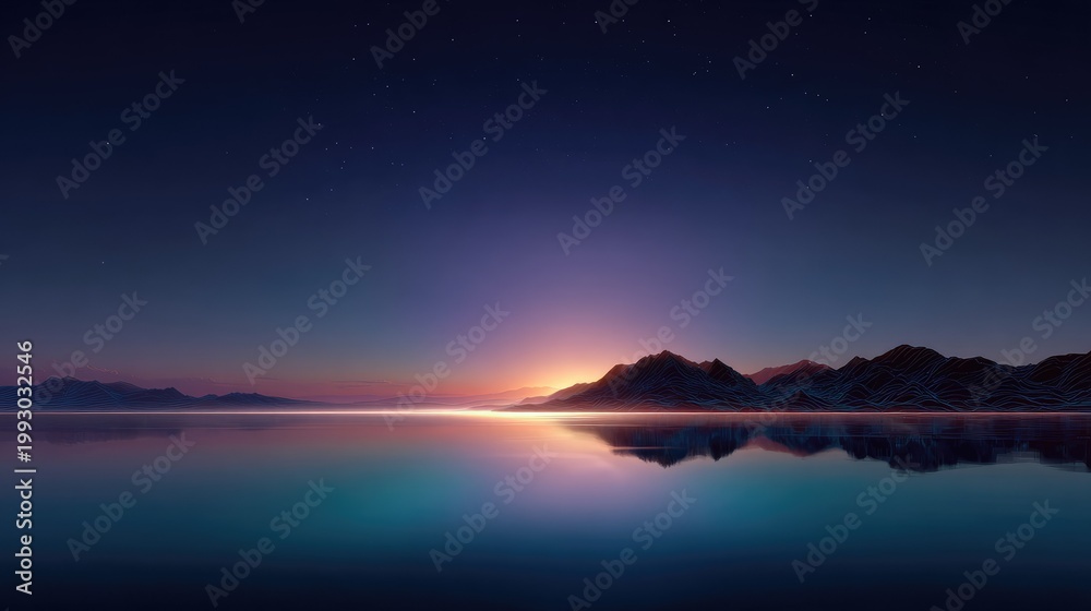 Fototapeta premium Tranquil twilight over a serene lake with mountain silhouettes and a stunning gradient sky reflecting vibrant colors at dusk