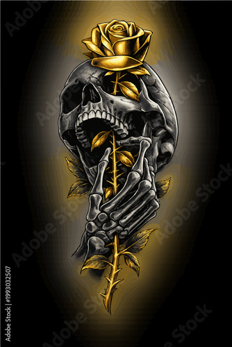 Abstract biomechanical skull with liquid gold details vector illustration, futuristic dark art