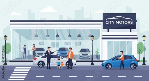 Car dealership scene with customers choosing vehicles and salespersons assisting.