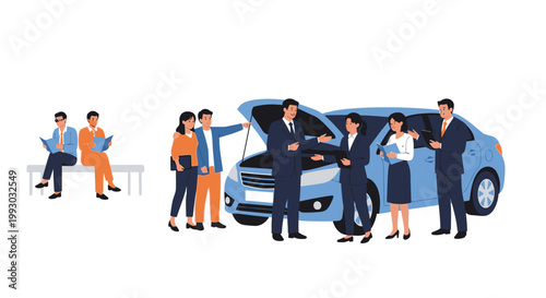 Car Dealership Scene: Salespeople and Customers Discussing Vehicle
