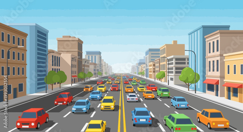 Busy City Street Traffic Jam with Cars and Buildings