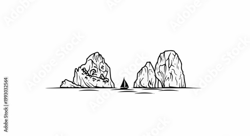 Black and white illustration of a sailboat between rocky islands on the sea